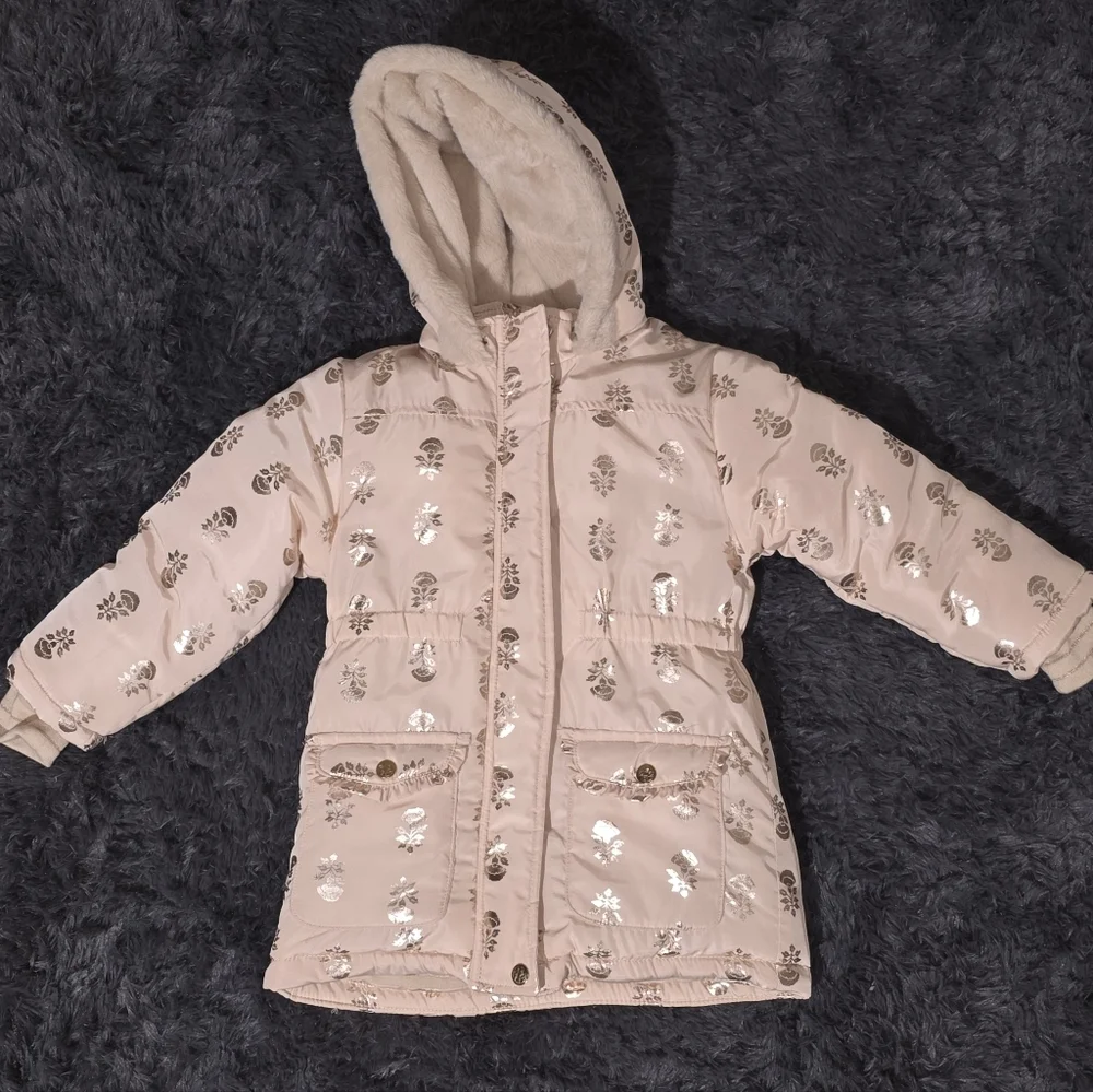 Nicole Miller-Tan Puffer Coat with Metallic Gold Flower Design. Size 5